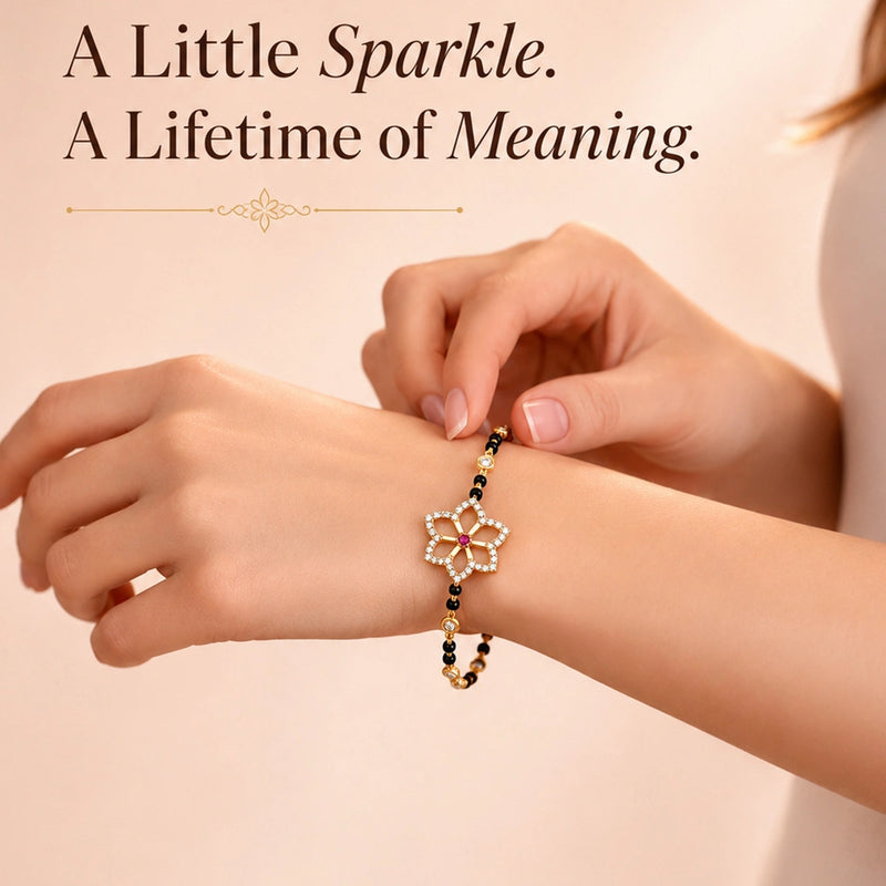 Delicate Round Diamond Black-Bead Mangalsutra Bracelet