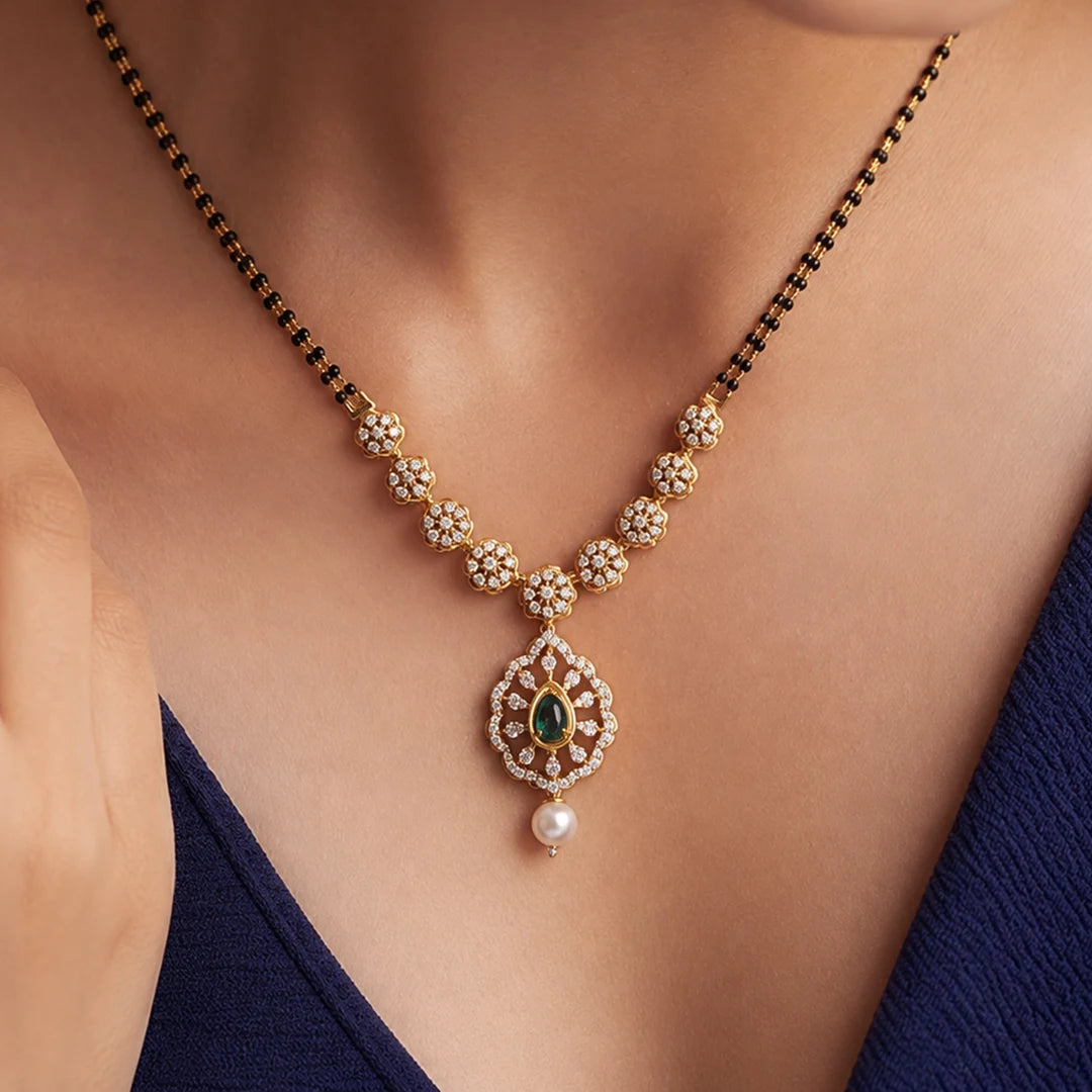 Colourstone Statement Round Diamond Black-Bead Mangalsutra Necklace