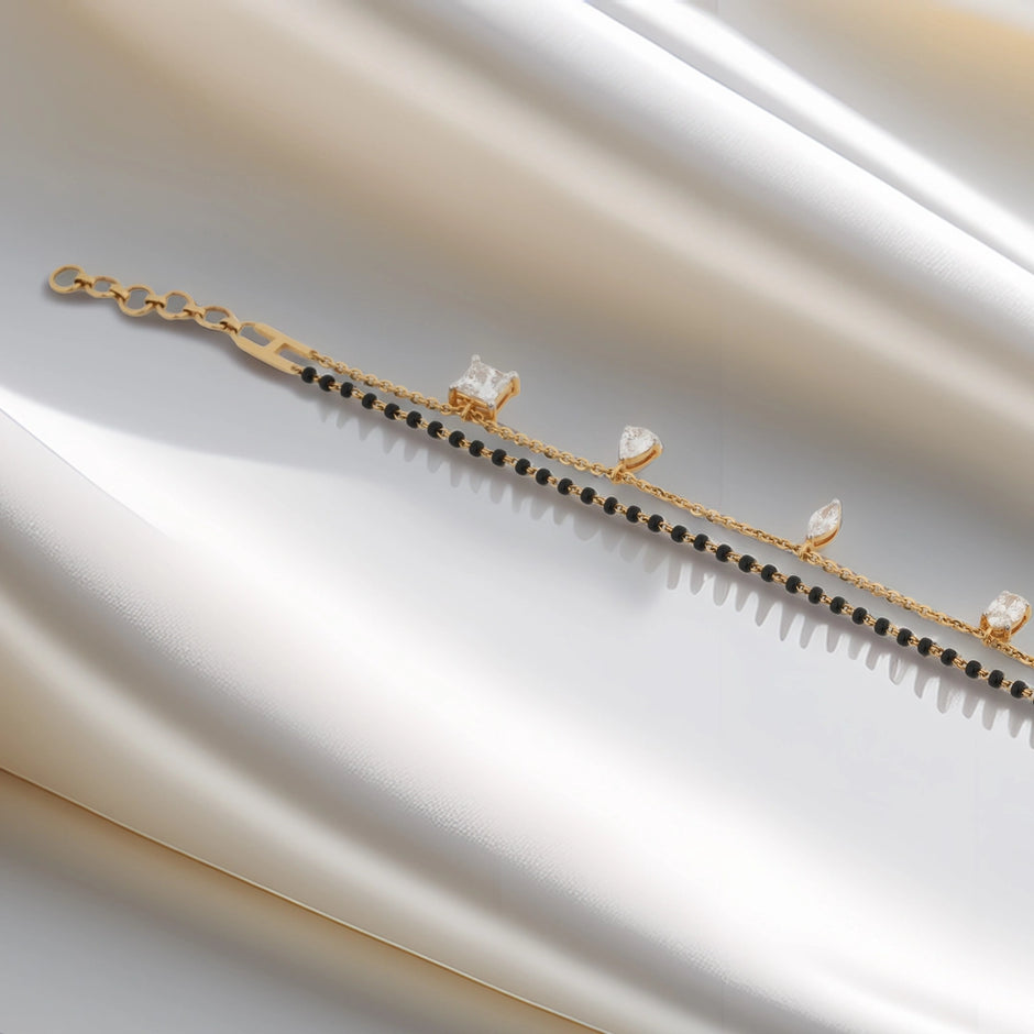 Five-Stone Mixed-Cut Diamond Black-Bead Mangalsutra Bracelet
