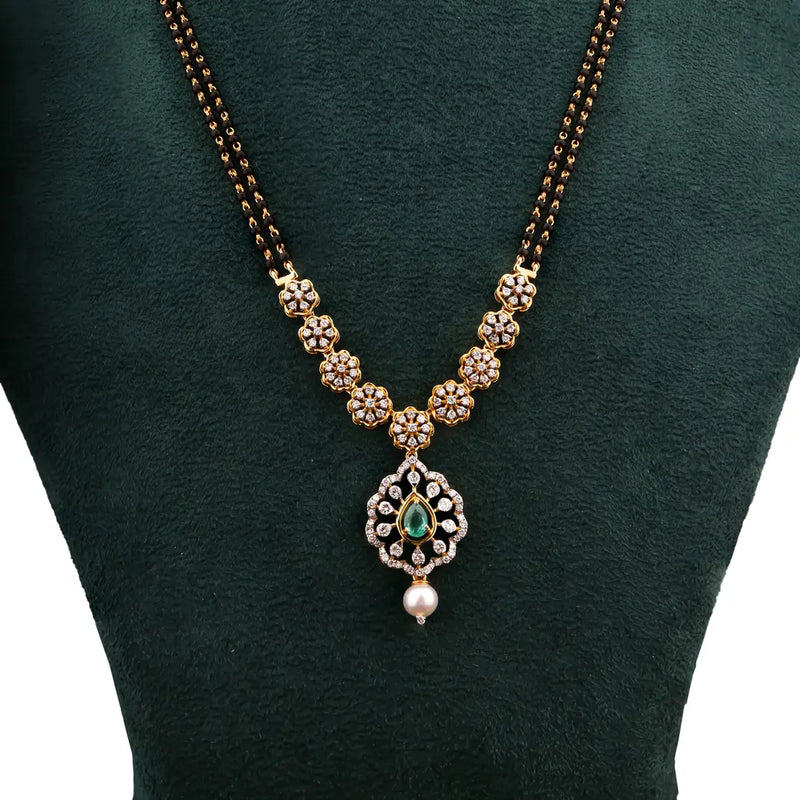 Colourstone Statement Round Diamond Black-Bead Mangalsutra Necklace