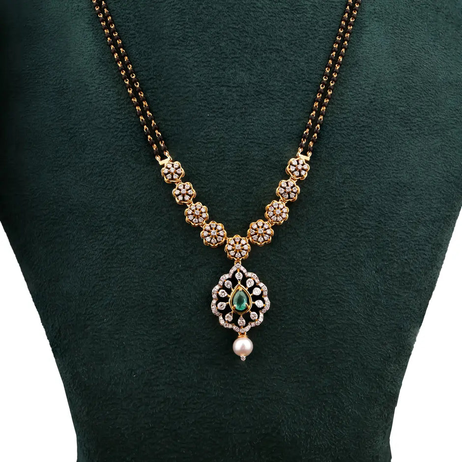 Colourstone Statement Round Diamond Black-Bead Mangalsutra Necklace