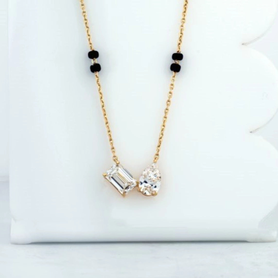 Twin Fancy-Cut Diamond Black-Bead Mangalsutra Necklace