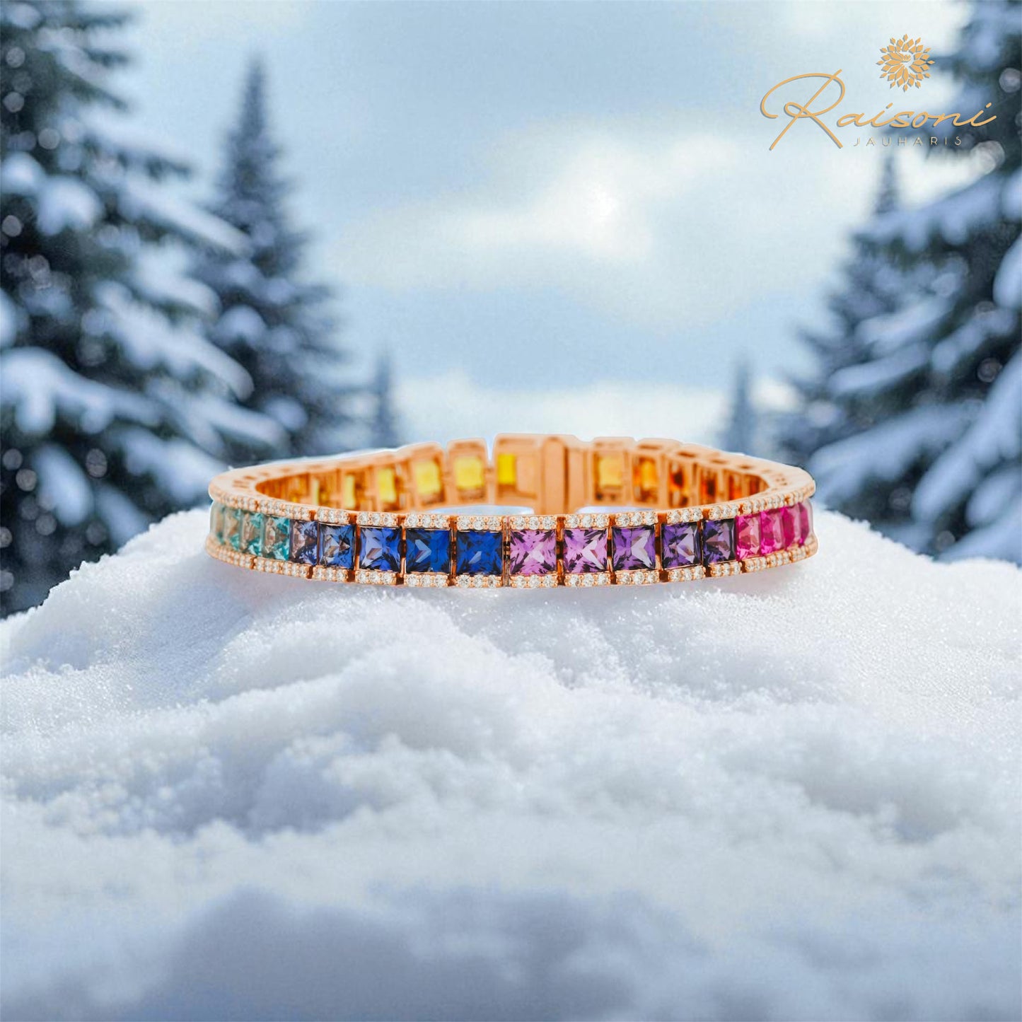 Princess Cut Multi Color Sapphire Tennis Bracelet in Gold For Women