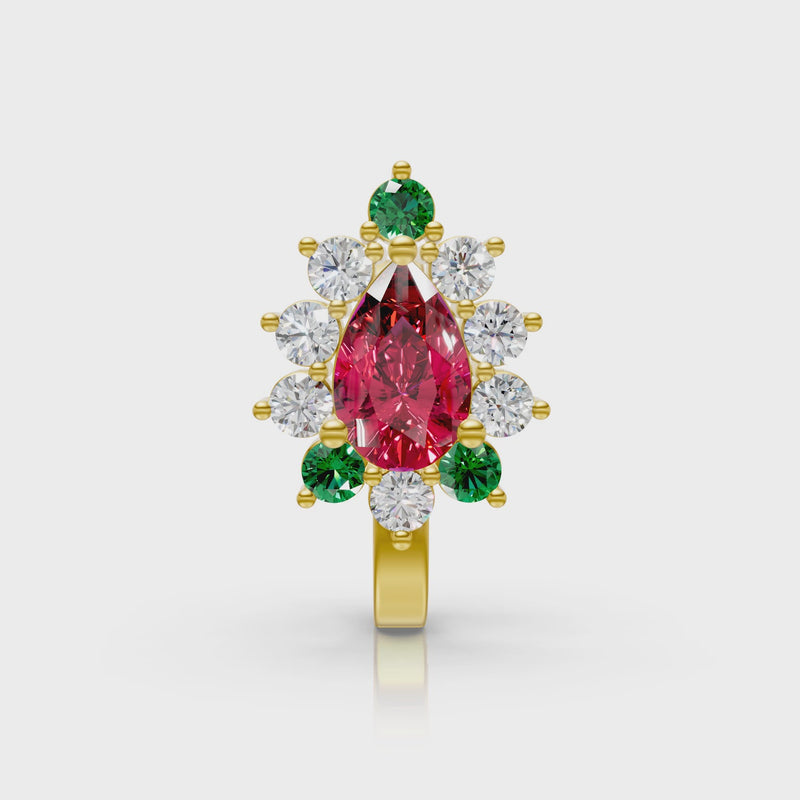 Pear-Shaped Ruby & Lab Diamond Cluster Nose Pin in 14K Yellow Gold