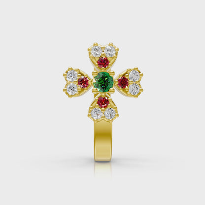 Cross Motif Gemstone & Lab Diamond Cluster Nose Pin in 14K Yellow Gold