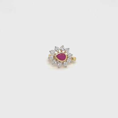 Floral Lab Diamond Nose Pin with Pear-Shaped Ruby in 14K Yellow Gold