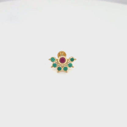Floral Cluster Nose Pin with Ruby & Emerald Gemstones 14K Yellow Gold