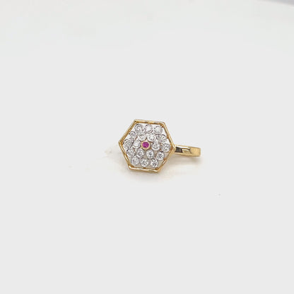Hexagon Lab Diamond Cluster Nose Pin with Ruby Center in 14K Gold