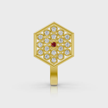 Hexagon Lab Diamond Cluster Nose Pin with Ruby Center in 14K Gold
