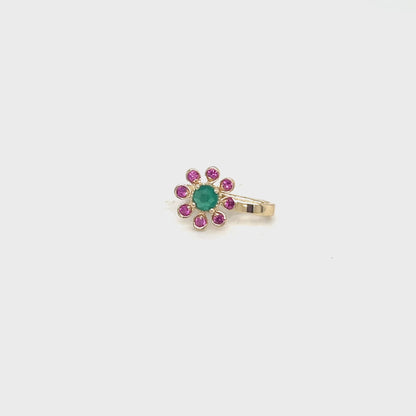 Radiant Emerald & Ruby Floral Blossom Nose Pin in 14K Gold