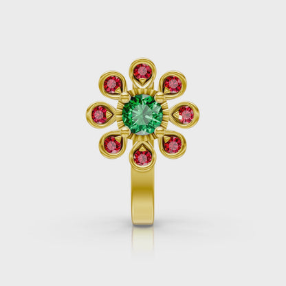 Radiant Emerald & Ruby Floral Blossom Nose Pin in 14K Gold