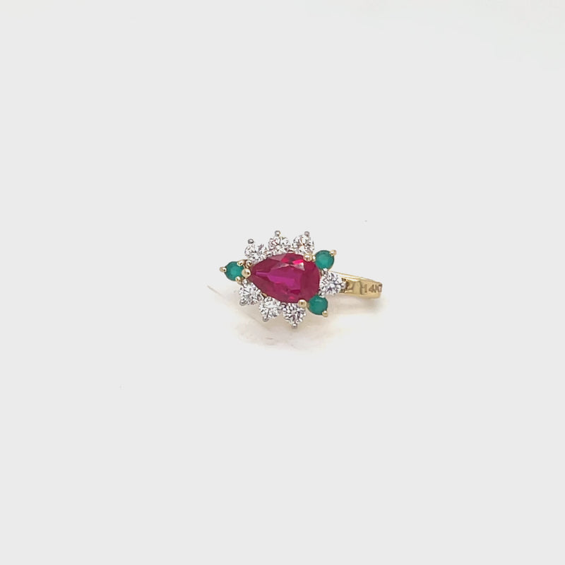 Pear-Shaped Ruby & Lab Diamond Cluster Nose Pin in 14K Yellow Gold