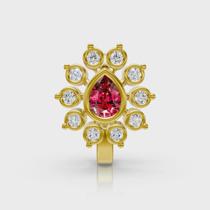 Floral Lab Diamond Nose Pin with Pear-Shaped Ruby in 14K Yellow Gold