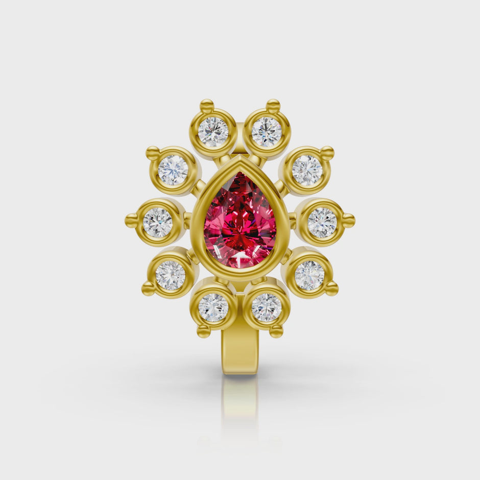 Floral Lab Diamond Nose Pin with Pear-Shaped Ruby in 14K Yellow Gold