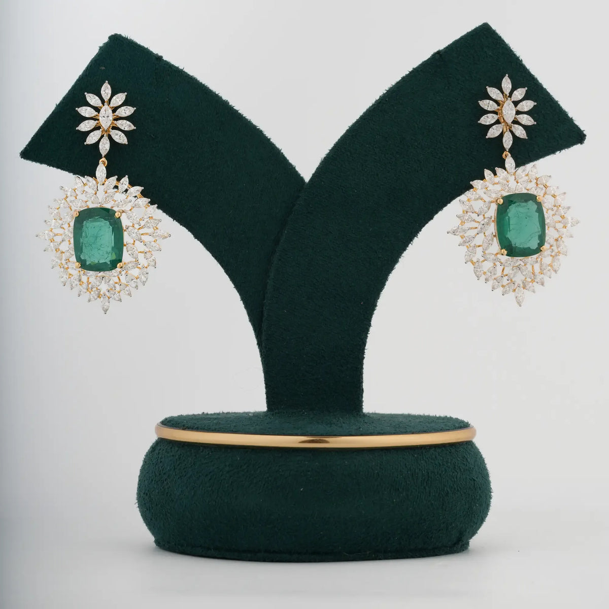 Emeraldine Cushion Green Gemstone Floral Halo Diamond Drop Earrings