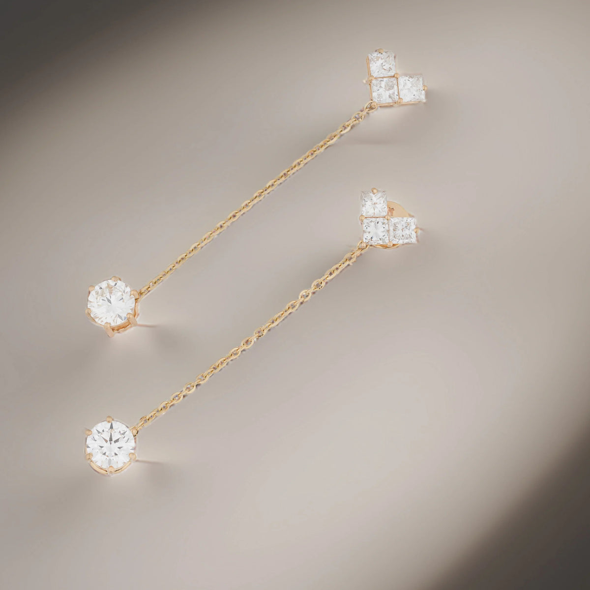 Cascade Princess & Round Diamond Chain Dangle Earrings