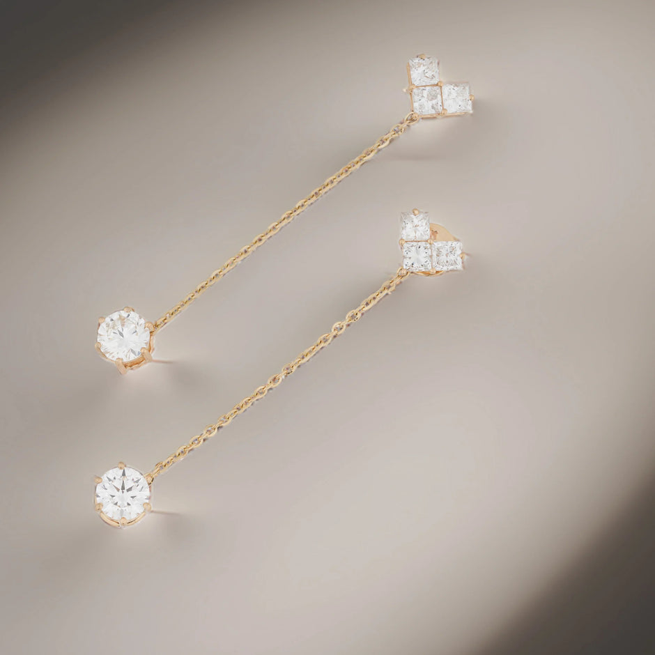 Cascade Princess & Round Diamond Chain Dangle Earrings