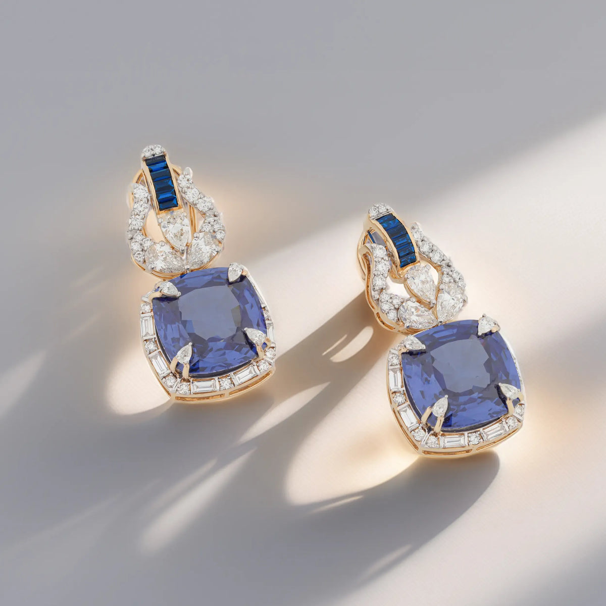 Sapphira Cushion Blue Gemstone Baguette Halo Diamond Drop Earrings