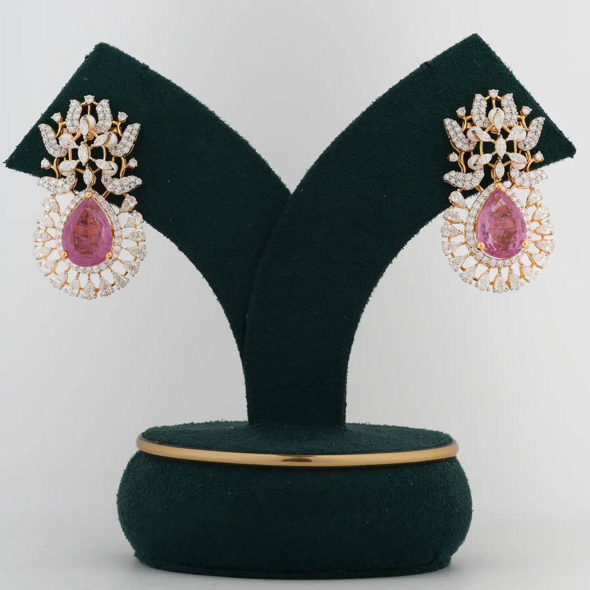 Verdalia Pear Green Gemstone Floral Halo Diamond Statement Earrings