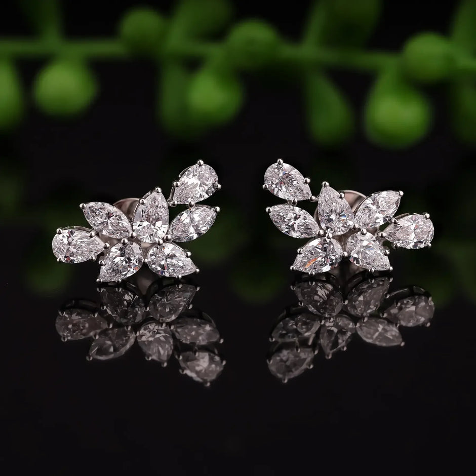 Petalia Pear & Marquise Diamond Cluster Stud Earrings