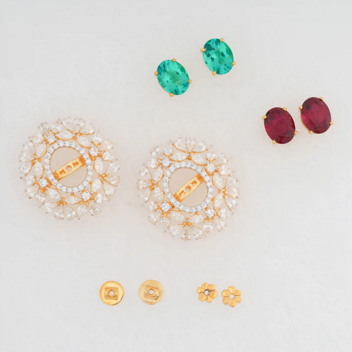 Rubina Oval Red Gemstone Floral Halo Diamond Statement Stud Earrings