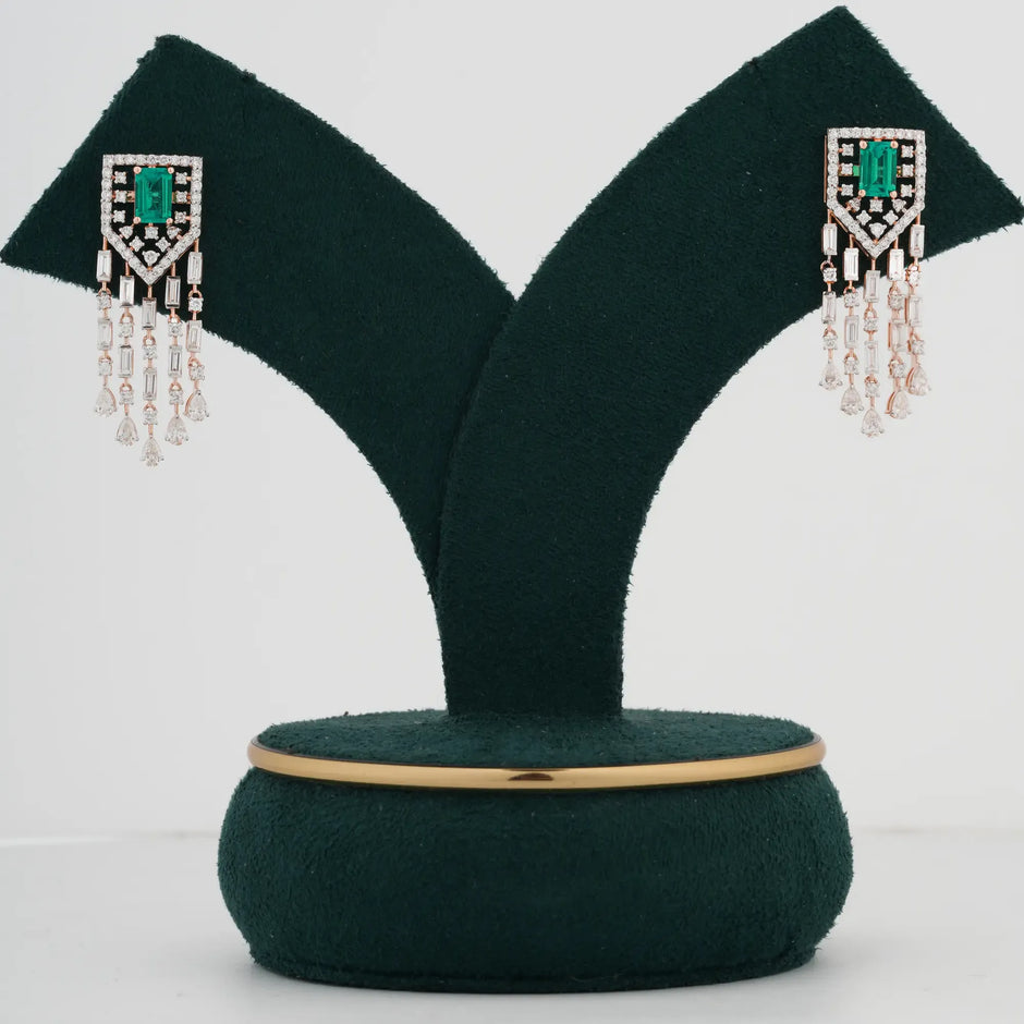 Esmera Green Gemstone Geometric Fringe Diamond Chandelier Earrings