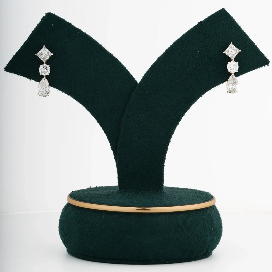 Trinity Princess Round & Pear Three-Stone Diamond Drop Earrings
