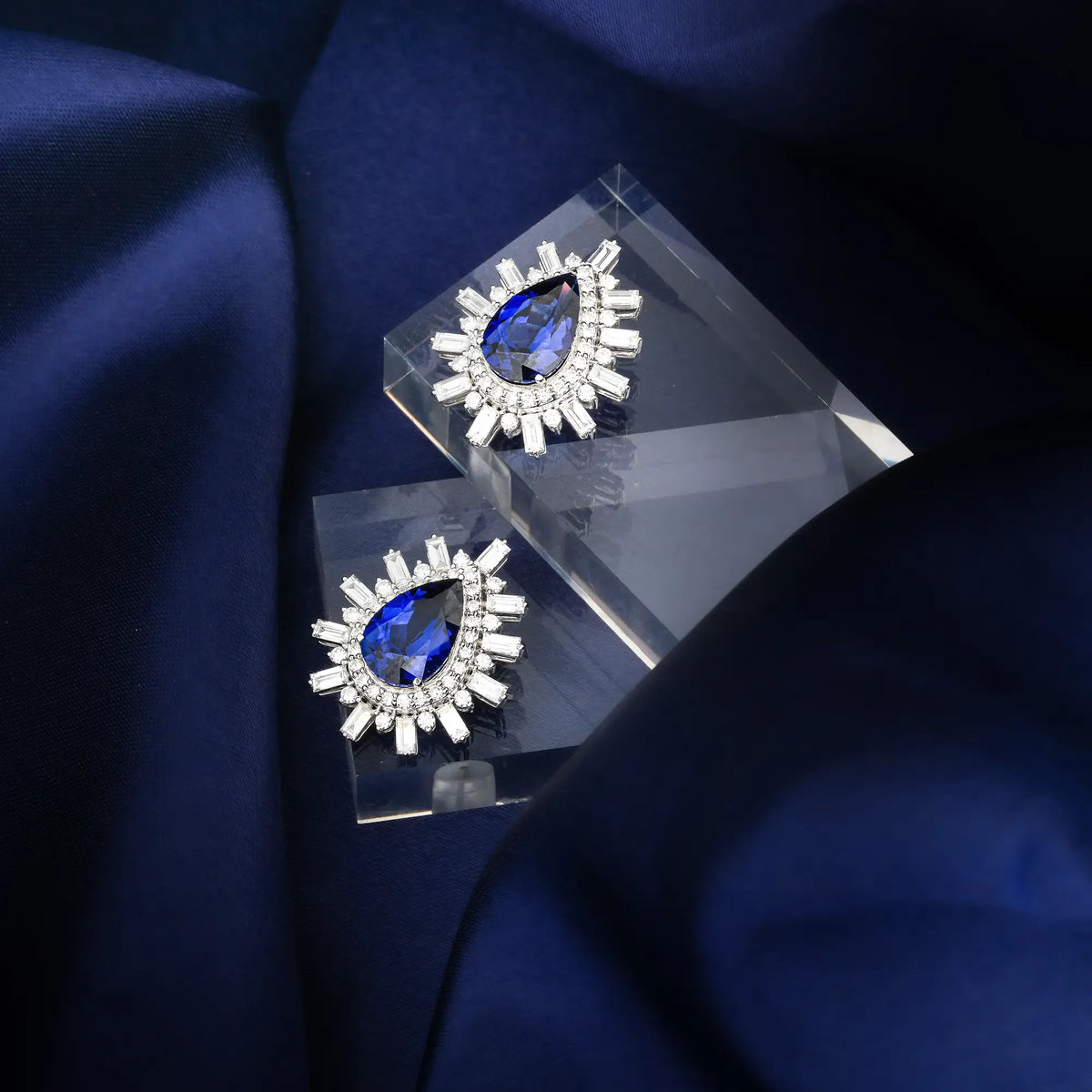 Azure Pear Blue Gemstone Baguette Halo Diamond Statement Stud Earrings