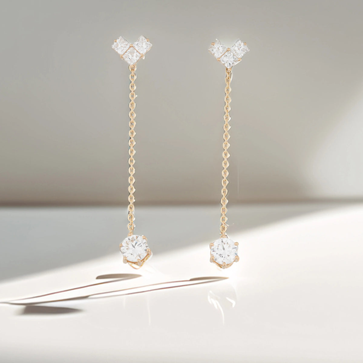 Cascade Princess & Round Diamond Chain Dangle Earrings