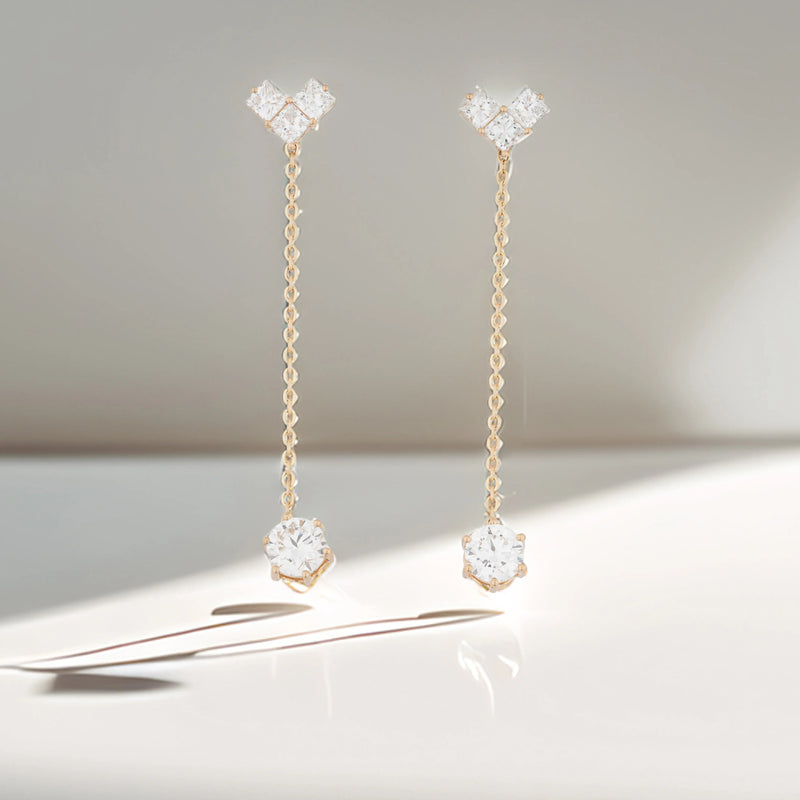 Cascade Princess & Round Diamond Chain Dangle Earrings
