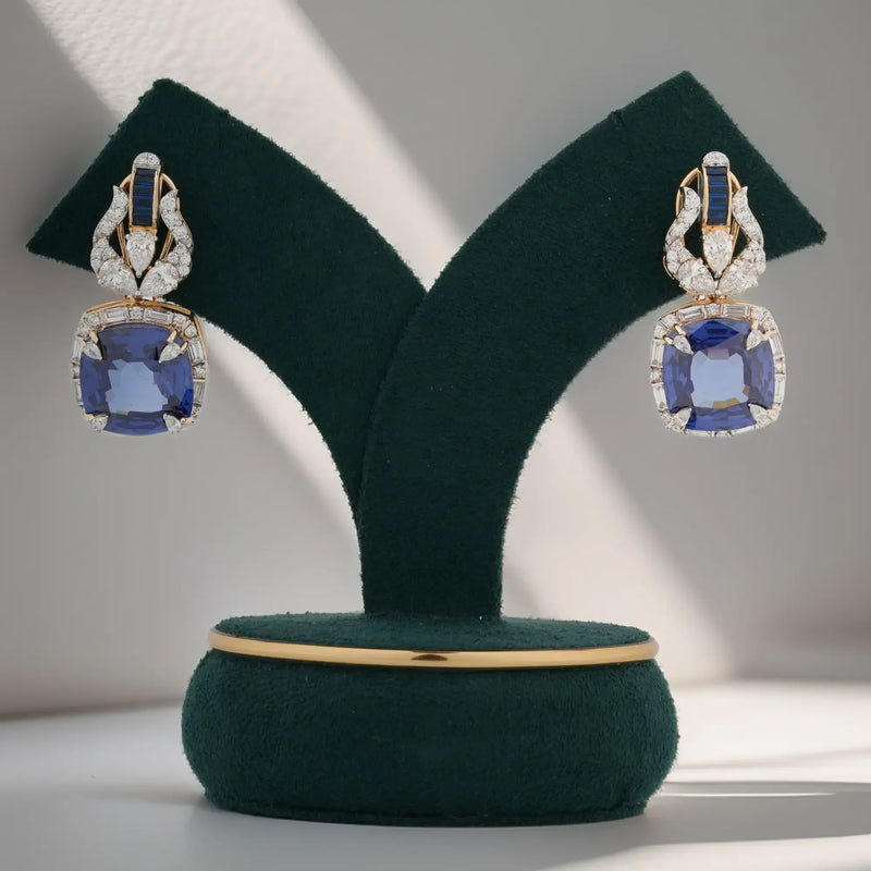 Sapphira Cushion Blue Gemstone Baguette Halo Diamond Drop Earrings