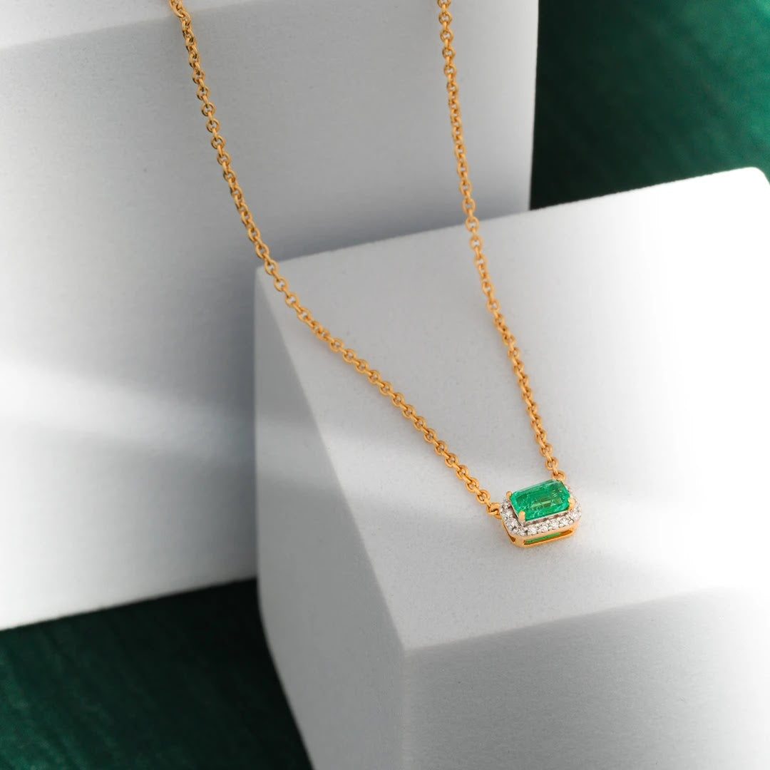 Emerald-Cut Colourstone Halo Diamond Necklace — front view