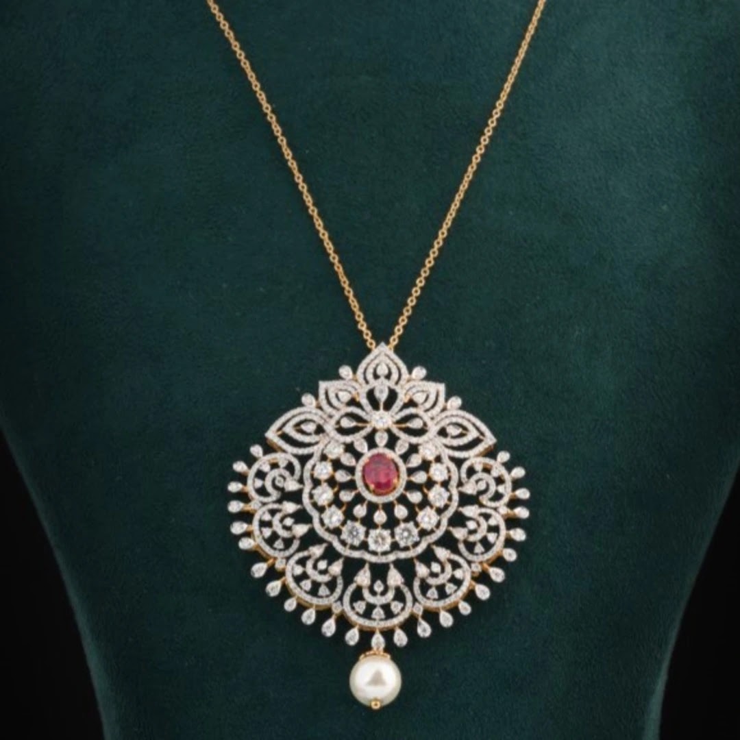Ornate Colourstone Filigree Diamond Pendant — view 2