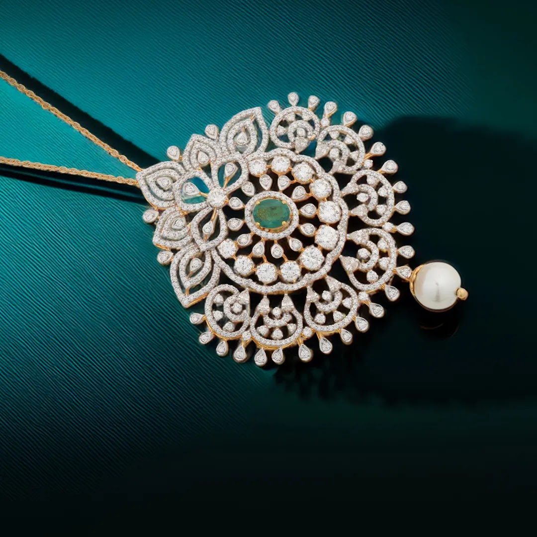 Ornate Colourstone Filigree Diamond Pendant — front view