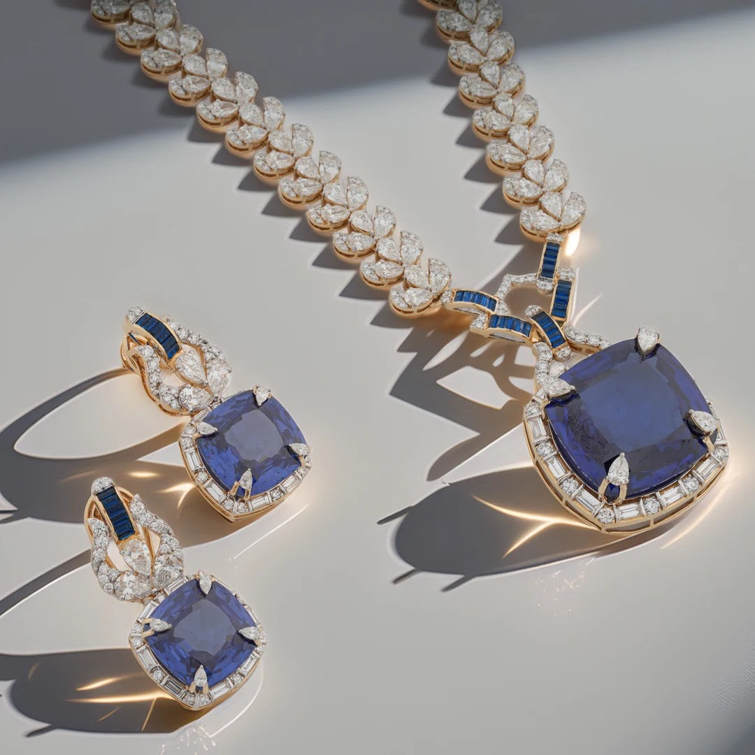 Blue Colourstone Statement Diamond Necklace Set — view 3