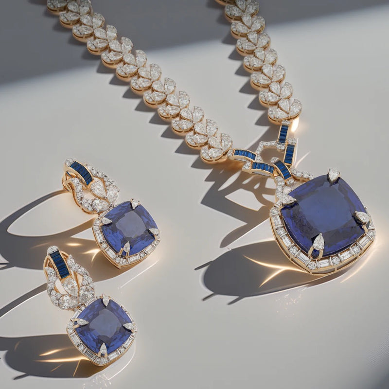 Blue Colourstone Statement Diamond Necklace Set — view 3