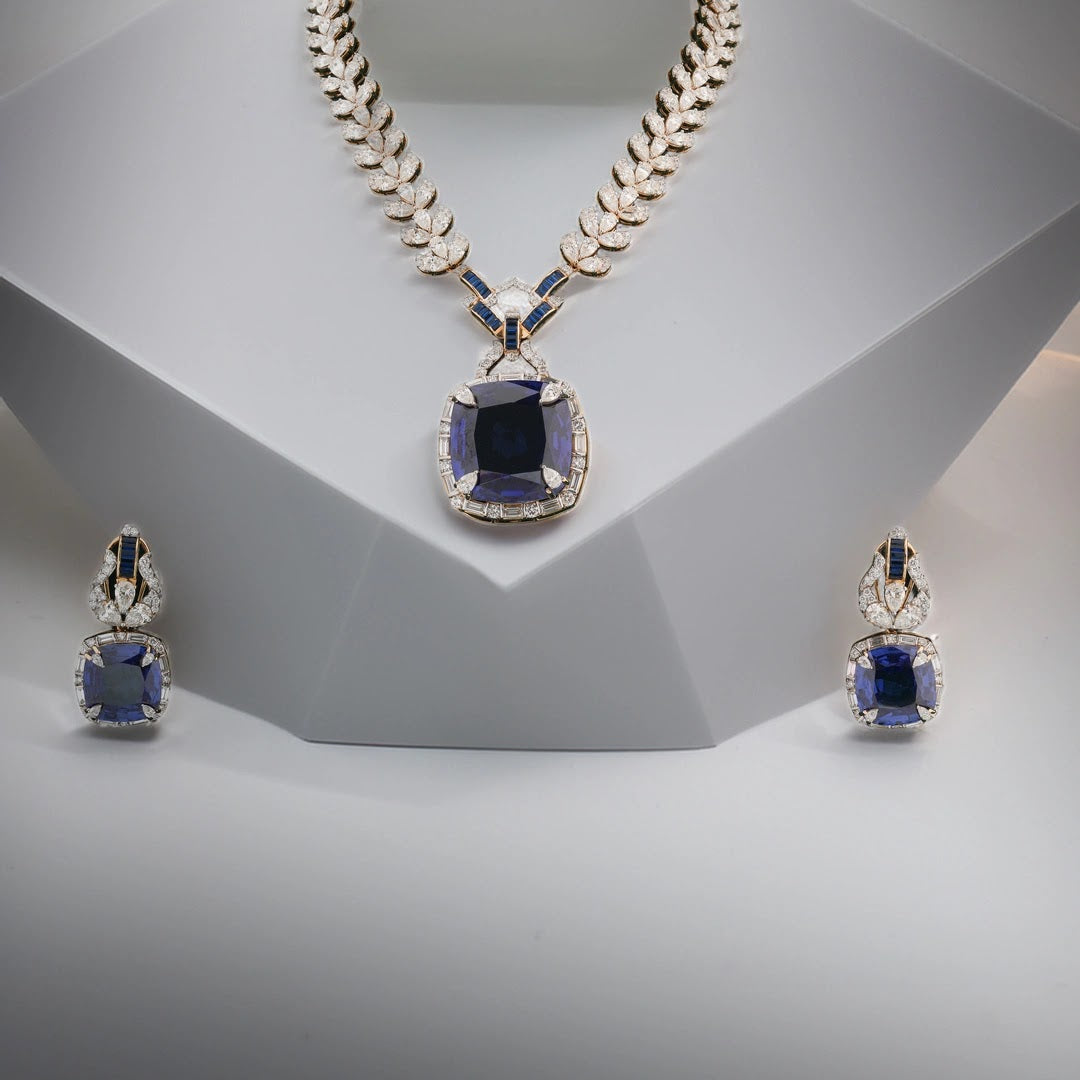 Blue Colourstone Statement Diamond Necklace Set — front view