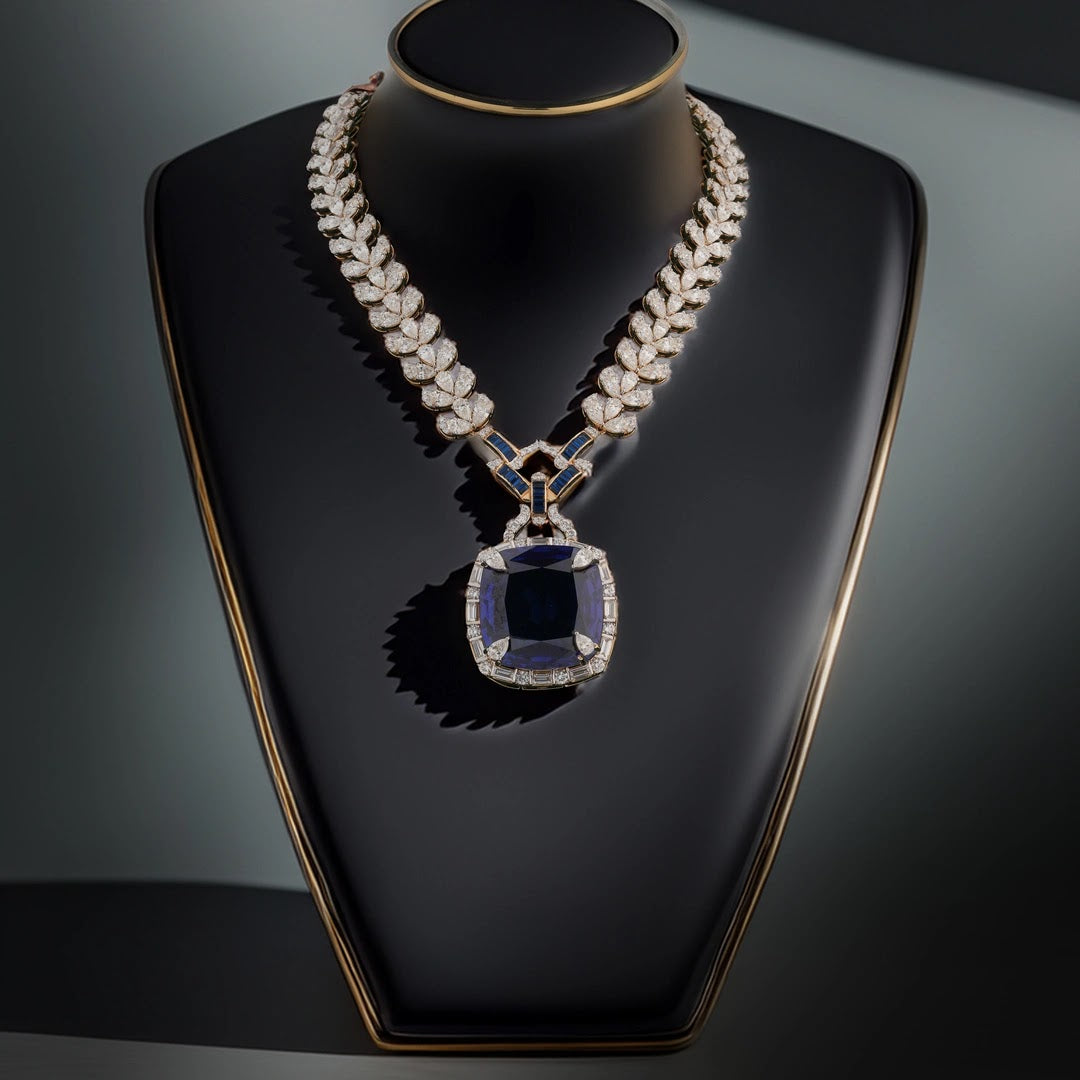 Blue Colourstone Statement Diamond Necklace Set — view 2