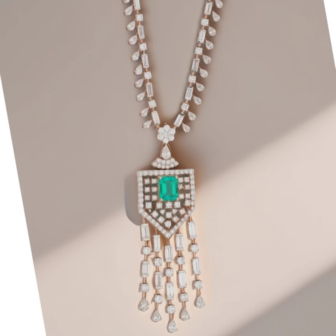 Emerald Colourstone Geometric Chandelier Necklace Set — view 3