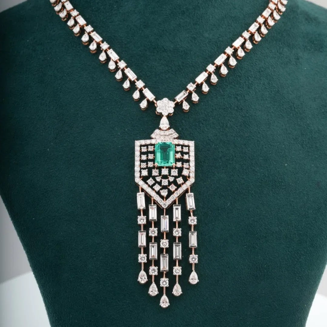 Emerald Colourstone Geometric Chandelier Necklace Set — view 2