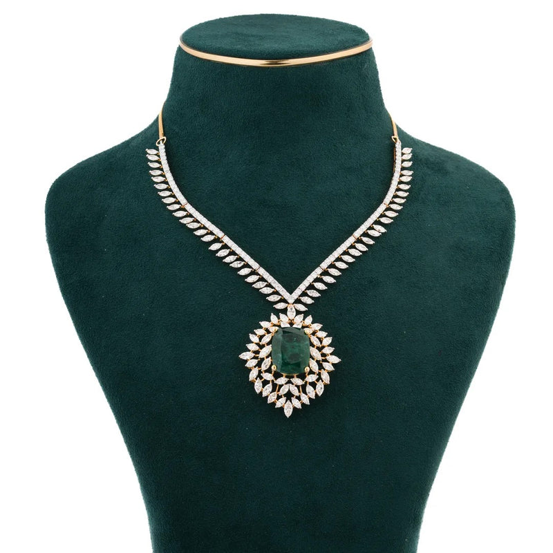 Emerald Colourstone Leaf-Halo Diamond Necklace — front view