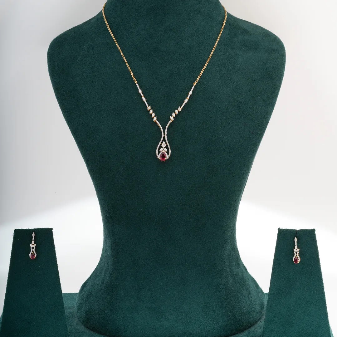 Ruby Colourstone Teardrop Diamond Necklace Set — front view