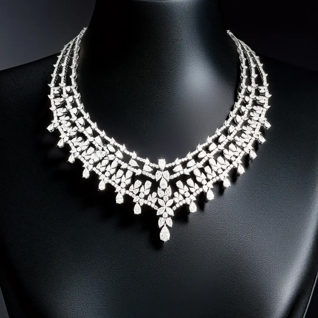 Layered Leaf Diamond Bib Necklace — front view