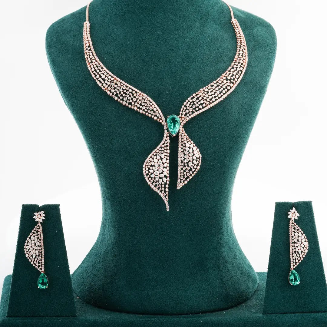 Emerald Colourstone Bow Diamond Necklace Set — front view