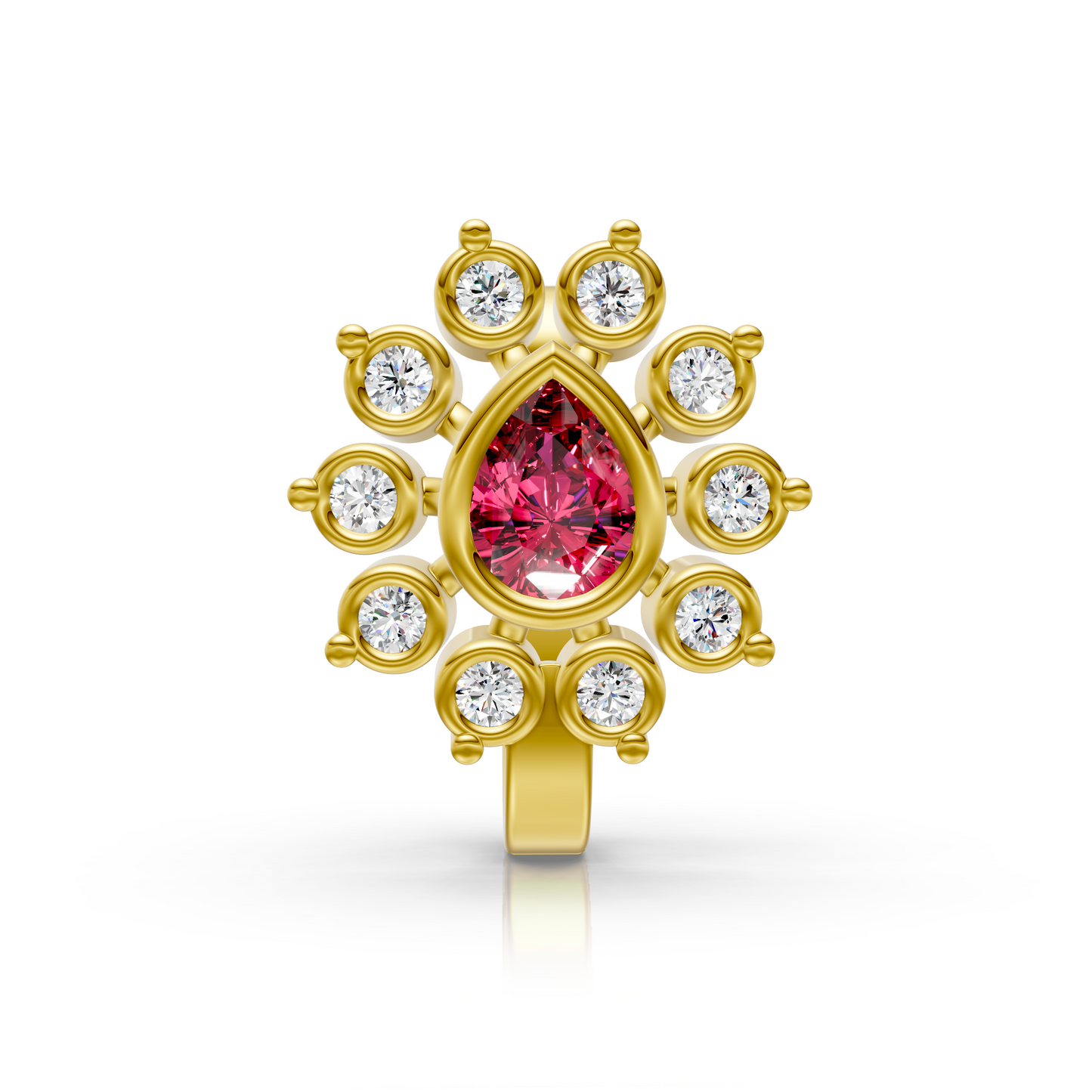 Floral Lab Diamond Nose Pin with Pear-Shaped Ruby in 14K Yellow Gold
