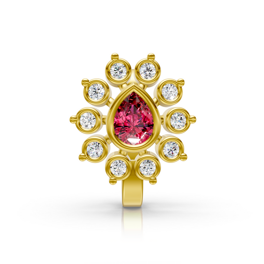 Floral Lab Diamond Nose Pin with Pear-Shaped Ruby in 14K Yellow Gold