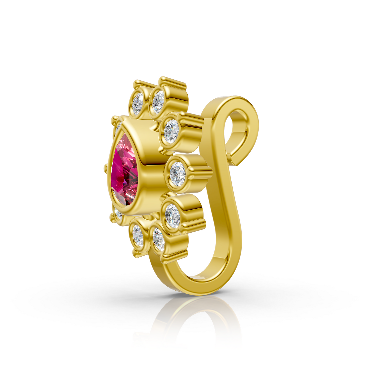 Floral Lab Diamond Nose Pin with Pear-Shaped Ruby in 14K Yellow Gold