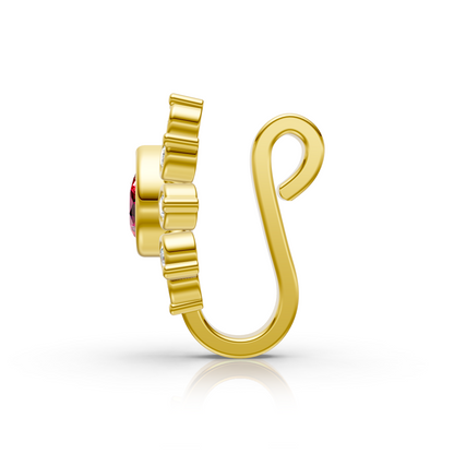 Floral Lab Diamond Nose Pin with Pear-Shaped Ruby in 14K Yellow Gold