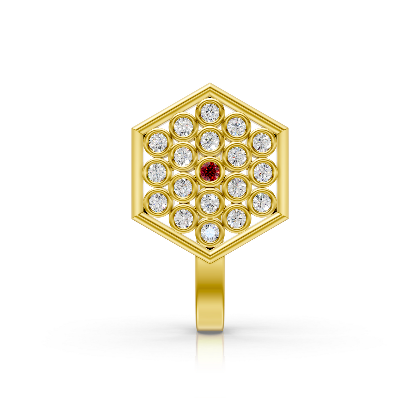 Hexagon Lab Diamond Cluster Nose Pin with Ruby Center in 14K Gold