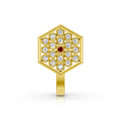 Hexagon Lab Diamond Cluster Nose Pin with Ruby Center in 14K Gold